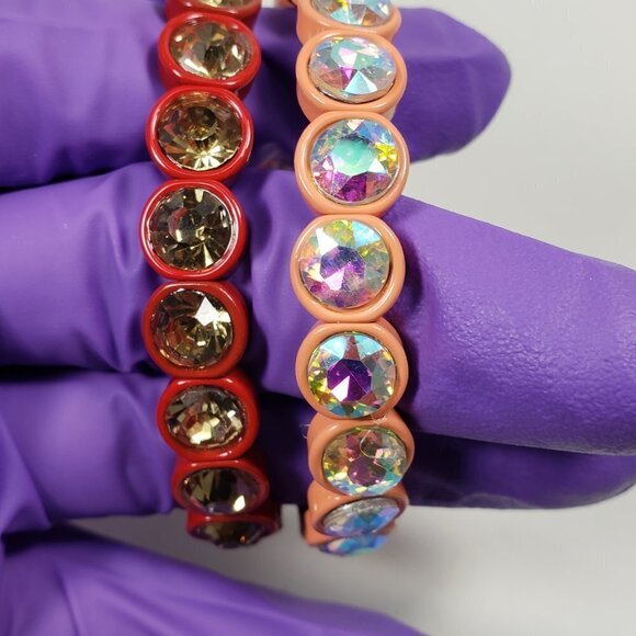 Set of 2 Bracelets - Red & Salmon Pink with Colorful Round Crystal Stone - Women - Picture 1 of 7